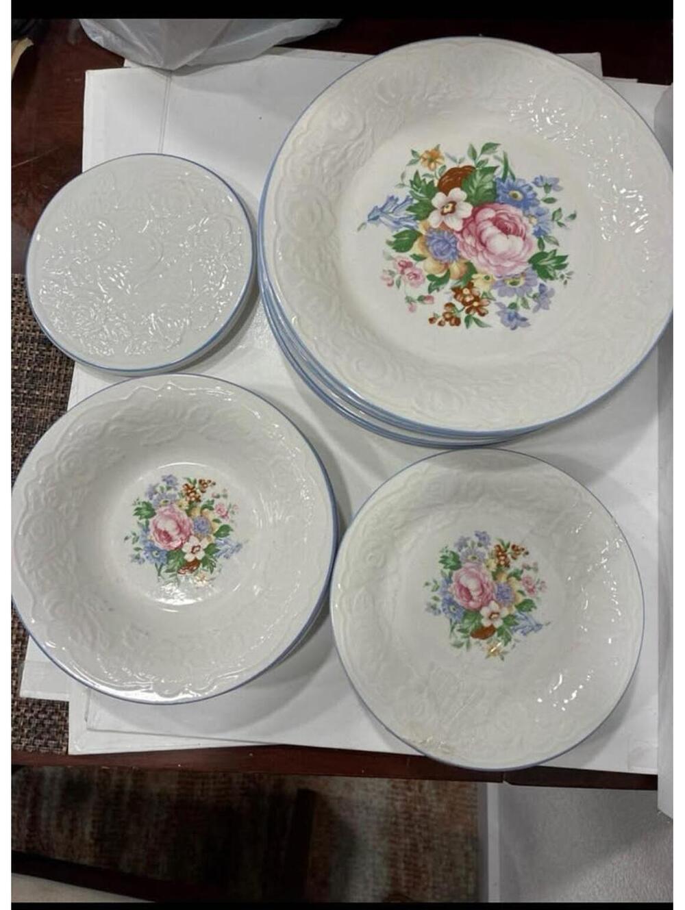 Victorian Rose Dinnerware Set 16 pieces. Plates, bowls, trivet, pitcher, ect.